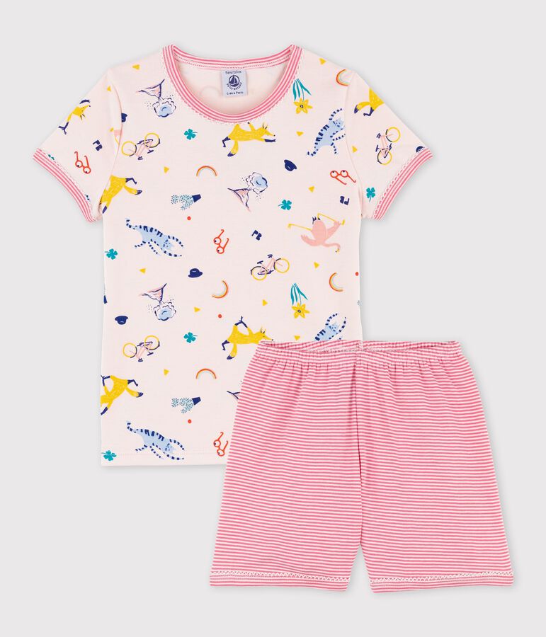 Kinder-Kurzpyjama aus Baumwolle f&uuml;r M&auml;dchen rosa FLEUR/weiss MULTICO