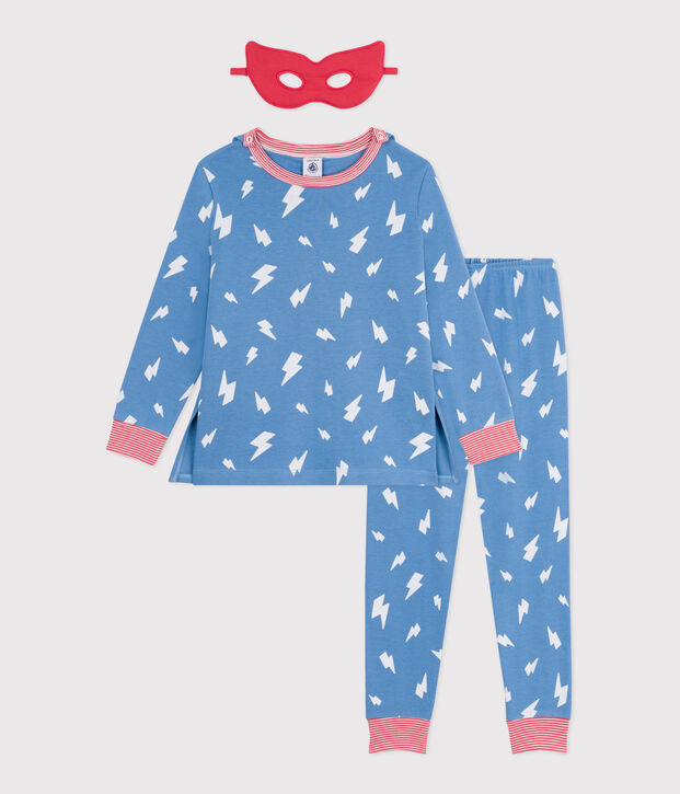 Kinder-Pyjama zum Verkleiden aus phoshoreszierender Baumwolle mit Cape blau/vielfarbig