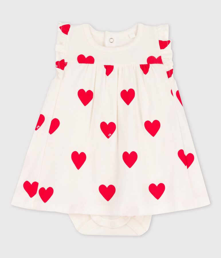 Baby-Body-Kleid aus Bio-Baumwolle mit Herzmuster f&uuml;r M&auml;dchen weiss MARSHMALLOW/rot TERKUIT
