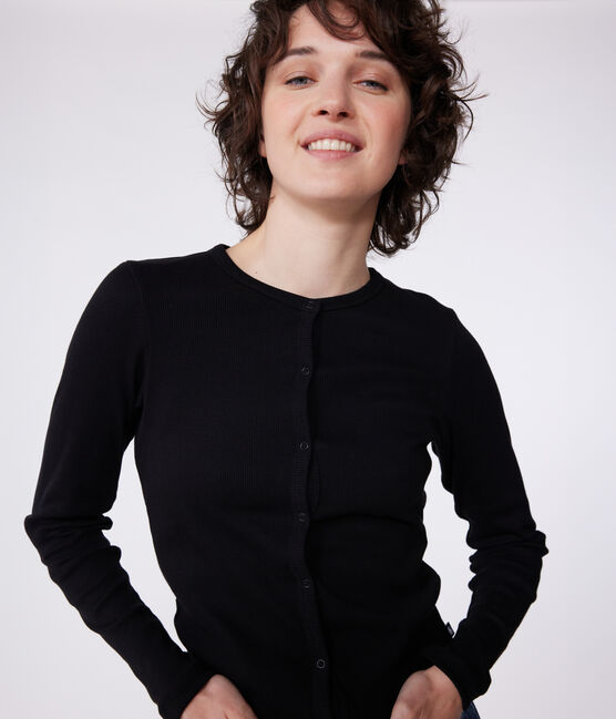 Damen-Cardigan aus einfarbiger Baumwolle schwarz BLACK