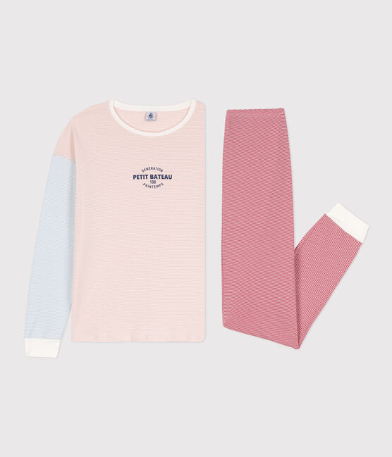 Pyjama aus Baumwolle mit dreifarbigen Ringelstreifen für Damen weiss MARSHMALLOW/weiss MULTICO