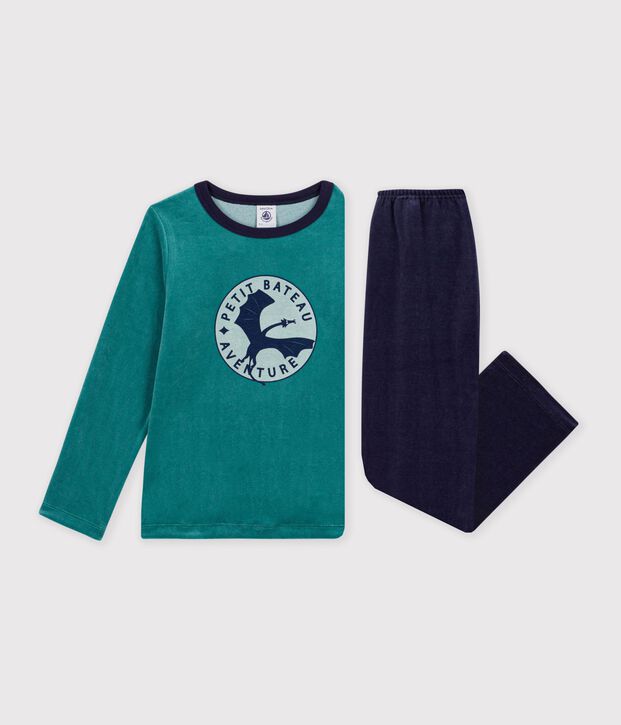 Kinder-Pyjama aus einfarbigem Nicki mit Drachenmotiv blau/NEW OLIVIER