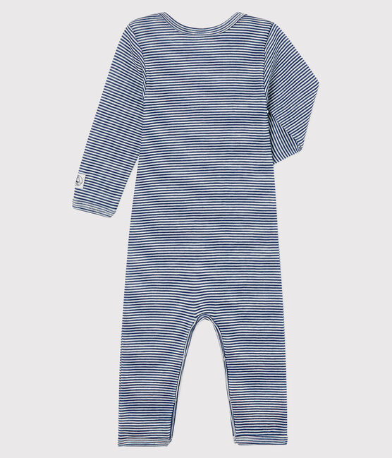 Baby-Body mit langen Beinen und Streifen aus Wolle und Baumwolle blau MEDIEVAL/weiss MARSHMALLOW