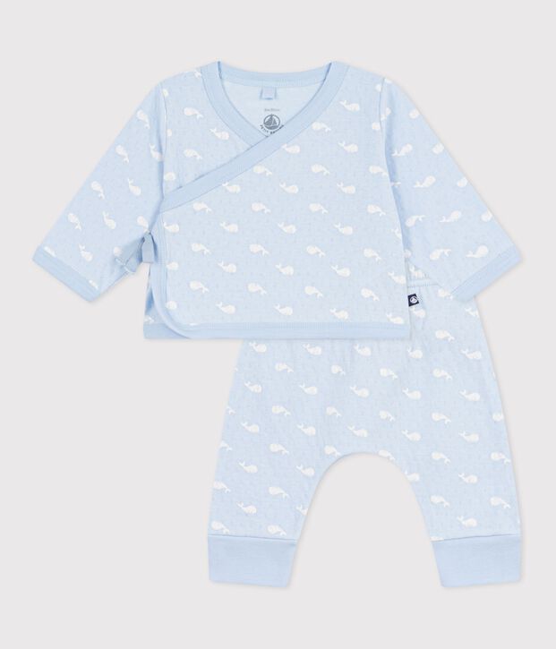 2-teiliges langbeiniges Baby-Set aus Baumwolle mit Walmotiv blau/naturfarben
