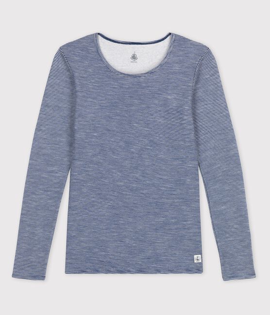 Damen-T-Shirt aus Wolle und Baumwolle mit Streifenmuster blau SMOKING/weiss MARSHMALLOW