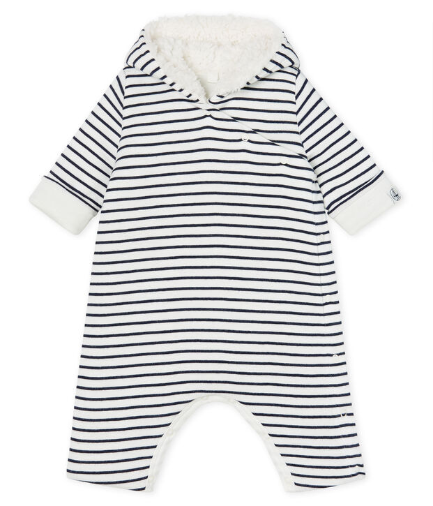 Langer Baby-Overall aus wattiertem Rippstrick weiss/blau
