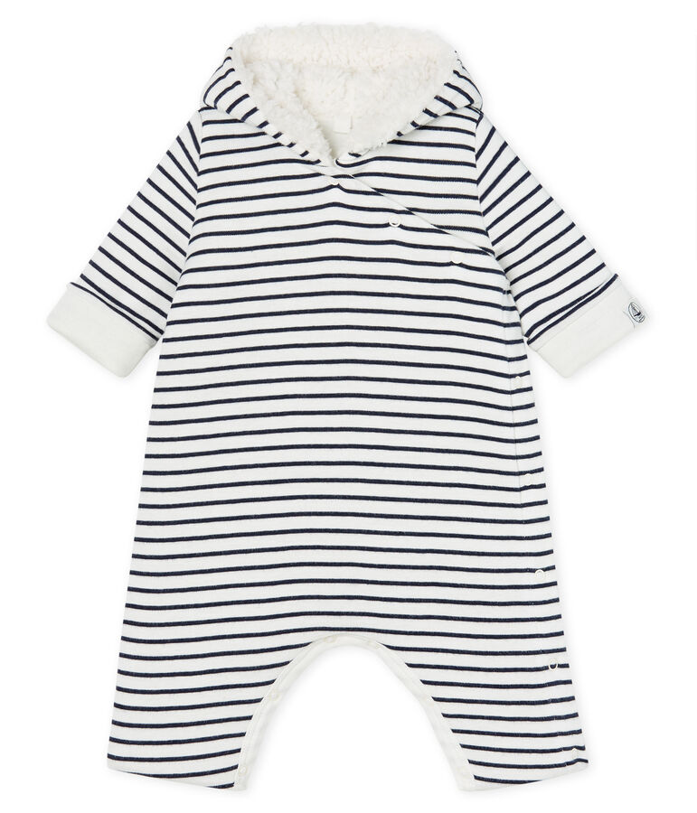 Langer Baby-Overall aus wattiertem Rippstrick weiss/blau