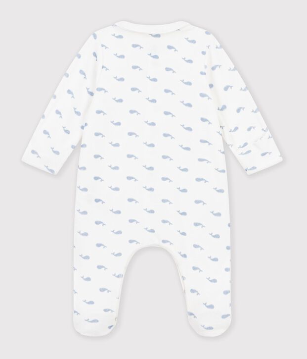 Strampler aus Nicki mit Kragen und Walmotiv. blau/blau