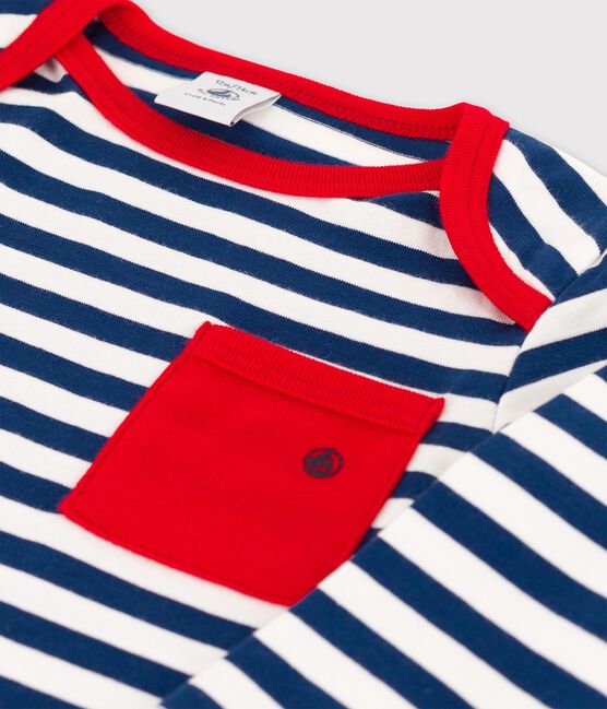 Langärmeliges gestreiftes Baby-T-Shirt aus Jersey blau MEDIEVAL/weiss MARSHMALLOW