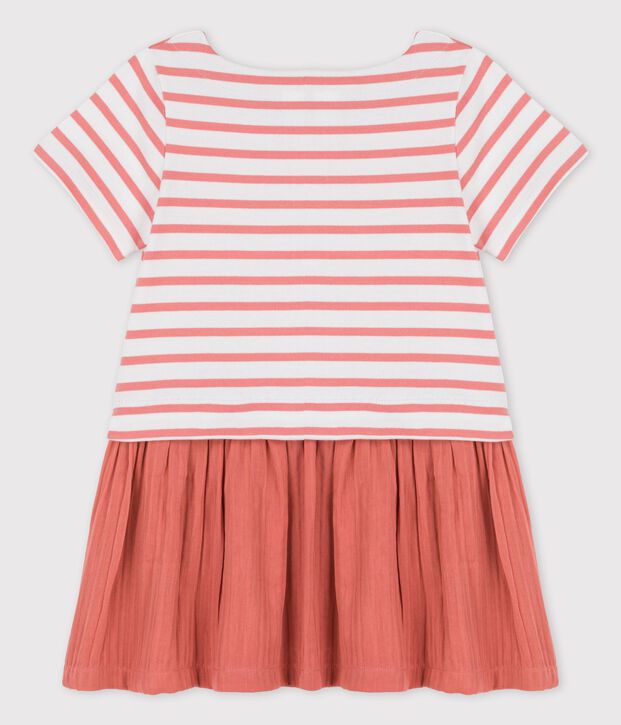 Kleid aus Bio-Baumwolljersey und -Musselinstoff f&uuml;r M&auml;dchen weiss/rosa
