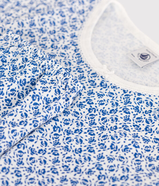 Kinder-Capripyjama aus Baumwolle mit Blumenmuster blau MARSHMALLOW/ INCOGNITO
