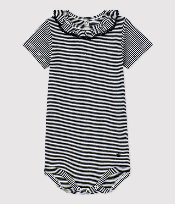 Baby-Body aus Bio-Baumwolle mit Ringelstreifen und Rüschenkragen blau SMOKING/weiss MARSHMALLOW
