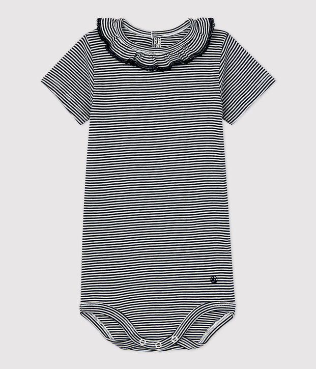 Baby-Body aus Bio-Baumwolle mit Ringelstreifen und R&uuml;schenkragen blau/weiss