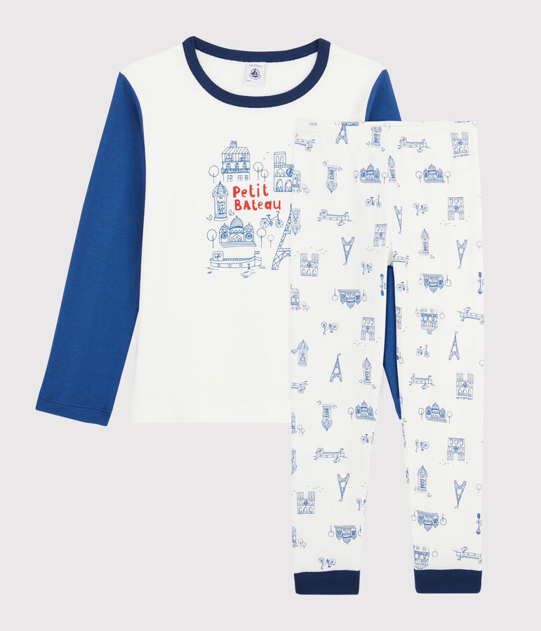 Kinderpyjama aus Rippstrick mit Paris-Aufdruck f&uuml;r Jungen weiss MARSHMALLOW/blau BLEU/ MULTICO