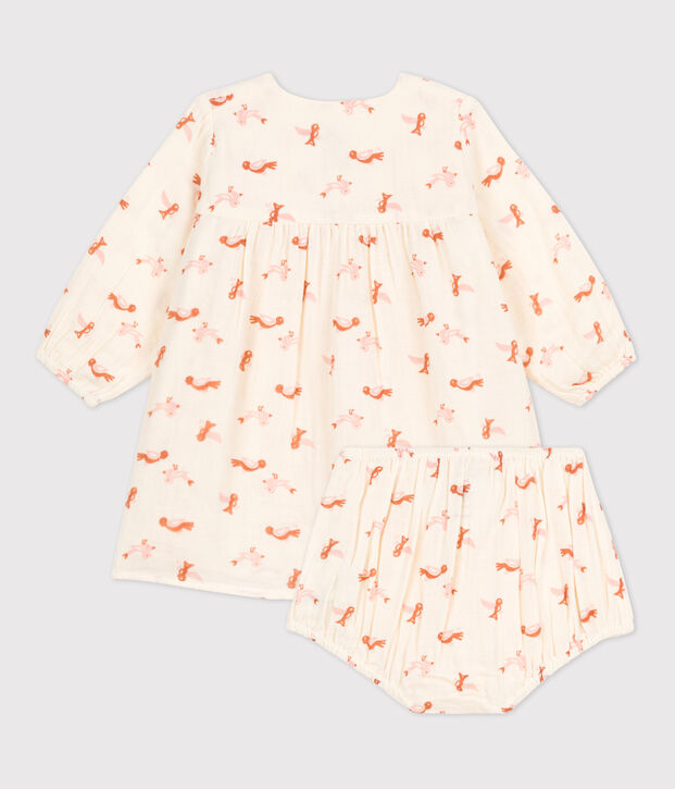 Babykleid mit Bloomers aus Musselin mit Vogelmotiv naturfarben/vielfarbig