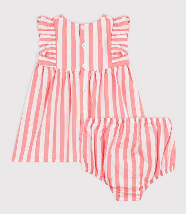 &Auml;rmelloses Baby-Kleid aus Baumwolle und dazu passender Bloomer mit Streifen rosa/weiss