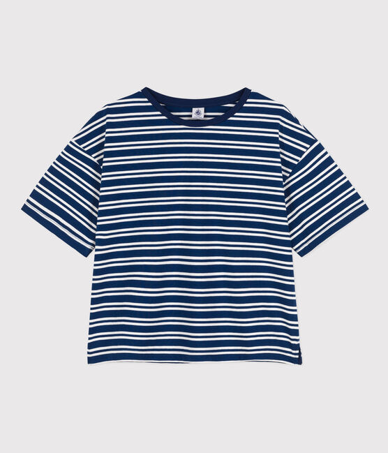 Damen-T-Shirt LE BOXY aus Baumwolle blau MEDIEVAL/weiss MARSHMALLOW