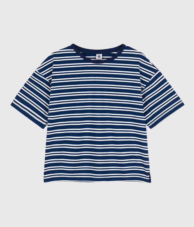 Damen-T-Shirt LE BOXY aus Baumwolle blau/weiss