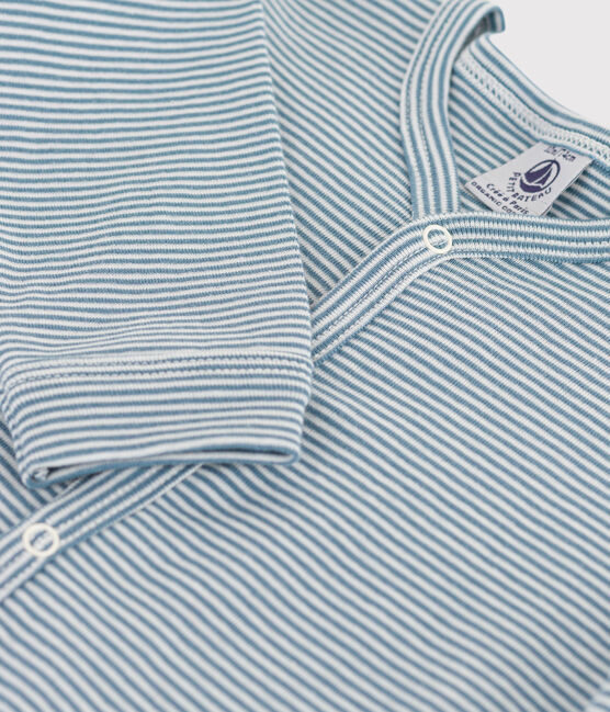 Fußloser Baby-Strampler aus Baumwolle mit Ringelstreifen blau ROVER/weiss MARSHMALLOW