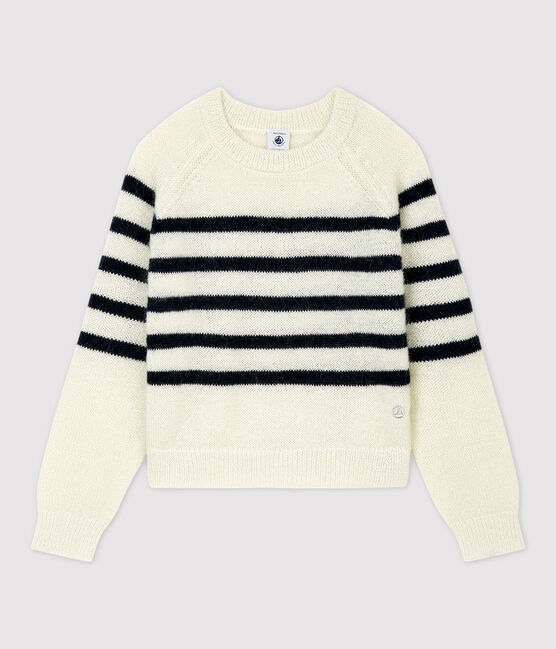 Kinderpullover aus Mohair und Baumwolle für Mädchen weiss MARSHMALLOW/blau SMOKING
