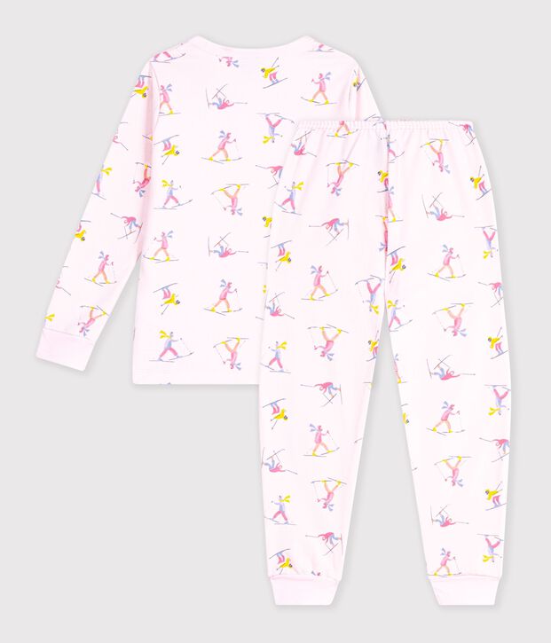Kinder-Pyjama aus Molton mit Skifahrern rosa/vielfarbig