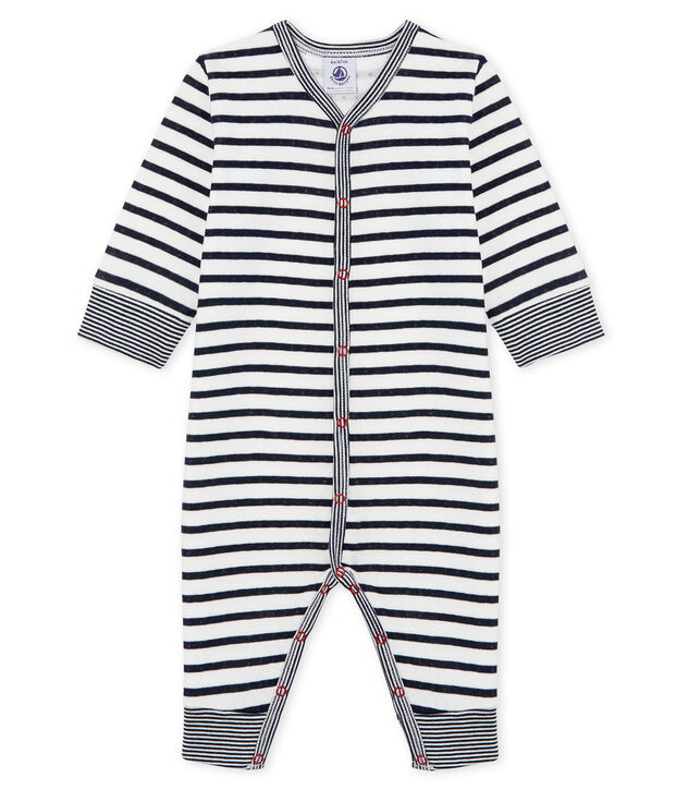 Baby-Strampler ohne Fu&szlig; aus Doppelersey f&uuml;r Jungen weiss/blau