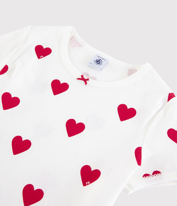 Kinder-Kurzpyjama aus Baumwolle mit Herzmotiv f&uuml;r M&auml;dchen weiss/rot