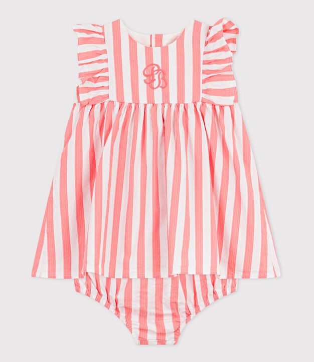 &Auml;rmelloses Baby-Kleid aus Baumwolle und dazu passender Bloomer mit Streifen rosa/weiss