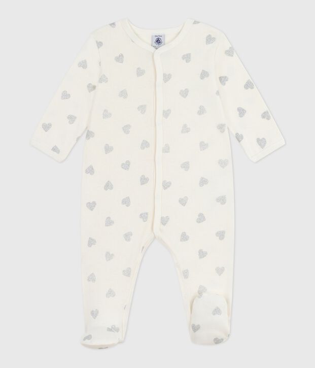 Baby-Pyjama aus Baumwolle mit silbernem Glitzerherz-Print naturfarben/grau