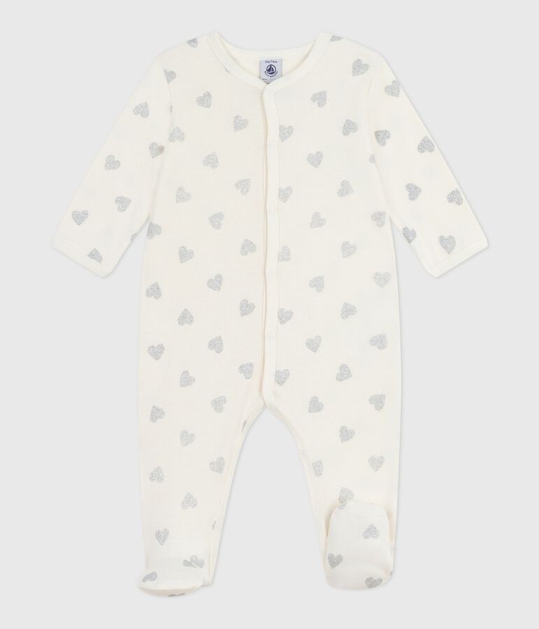 Baby-Pyjama aus Baumwolle mit silbernem Glitzerherz-Print naturfarben/grau