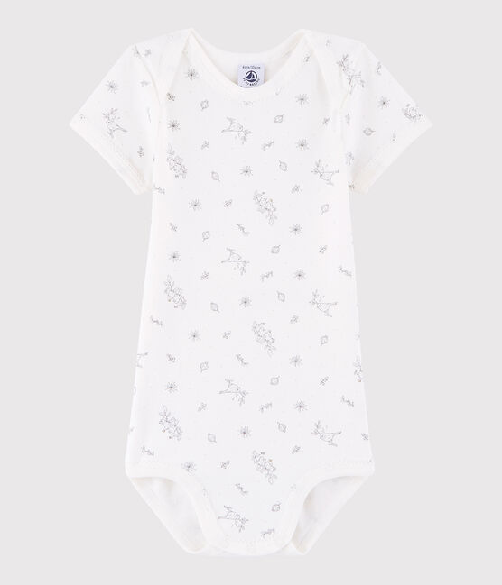 Kurzärmeliger Baby-Body Mädchen weiss MARSHMALLOW/weiss MULTICO