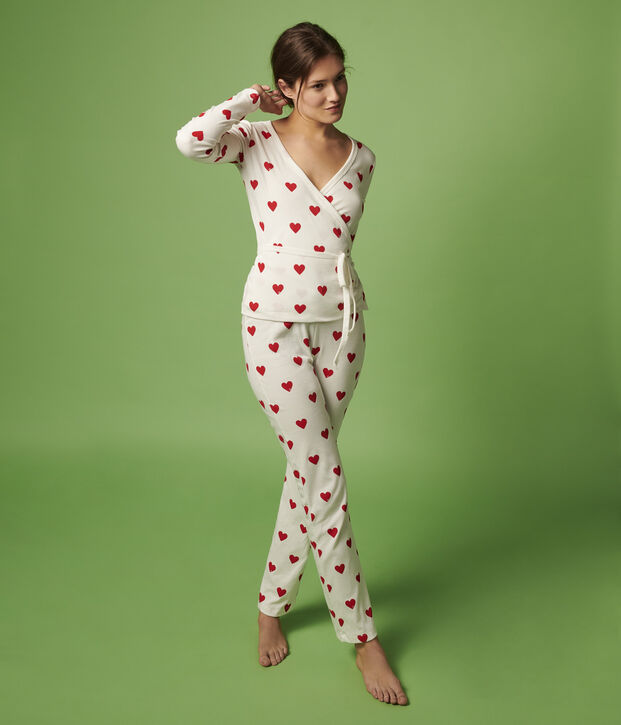 Wickel-Cardigan aus Baumwolle mit modischer Herzapplikation f&uuml;r Damen weiss/rot
