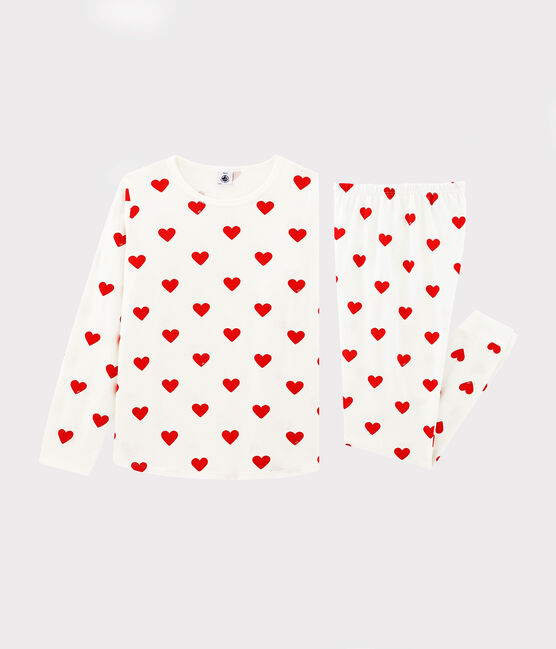 Kinderpyjama aus Molton mit Herzchenmotiv weiss MARSHMALLOW/rot TERKUIT
