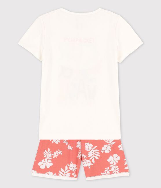 Kinder-Kurzpyjama aus Baumwolle mit Hawaii-Muster für Mädchen weiss MARSHMALLOW/ PAPAYE