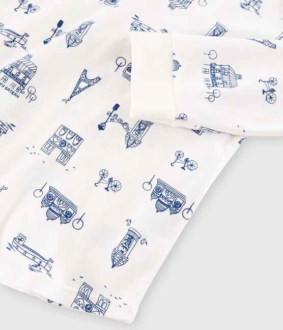 Kinderpyjama aus Rippstrick mit Paris-Aufdruck weiss MARSHMALLOW/blau MAJOR