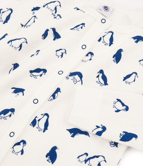 Unisex-Pyjama aus angerautem, extra warmem Bouclé-Frottier weiss MARSHMALLOW/blau MAJOR