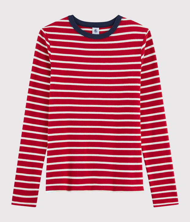 Damen-T-Shirt mit Rundhalsausschnitt rot/weiss