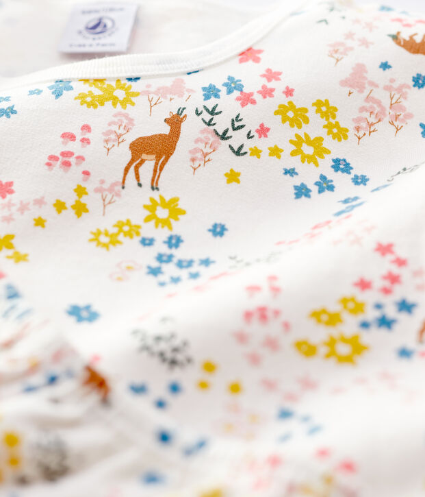 Kinderpyjama aus Molton mit Blumenmuster f&uuml;r M&auml;dchen weiss/vielfarbig