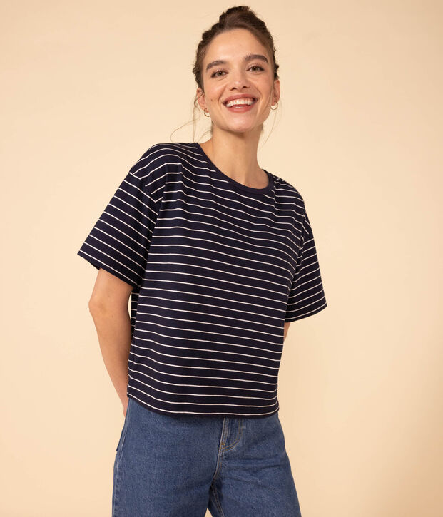 Damen-T-Shirt LE BOXY aus Baumwolle blau/weiss