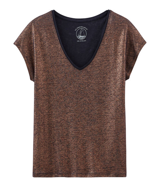 Kurzärmeliges einfarbiges schillerndes leinen-t-shirt damen blau SMOKING/rosa COPPER