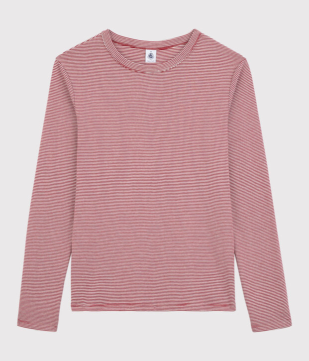 Klassisches Damen-T-Shirt mit Rundhalsausschnitt aus gestreifter Baumwolle rot/weiss