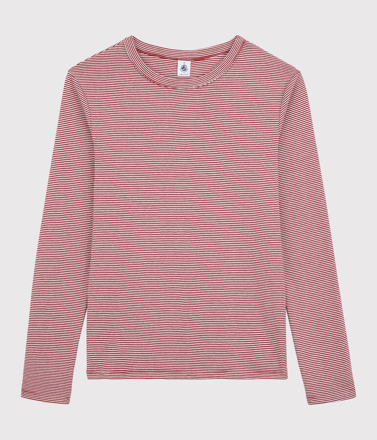 Klassisches Damen-T-Shirt mit Rundhalsausschnitt aus gestreifter Baumwolle rot SANGRIA/ MARSHMALLOW