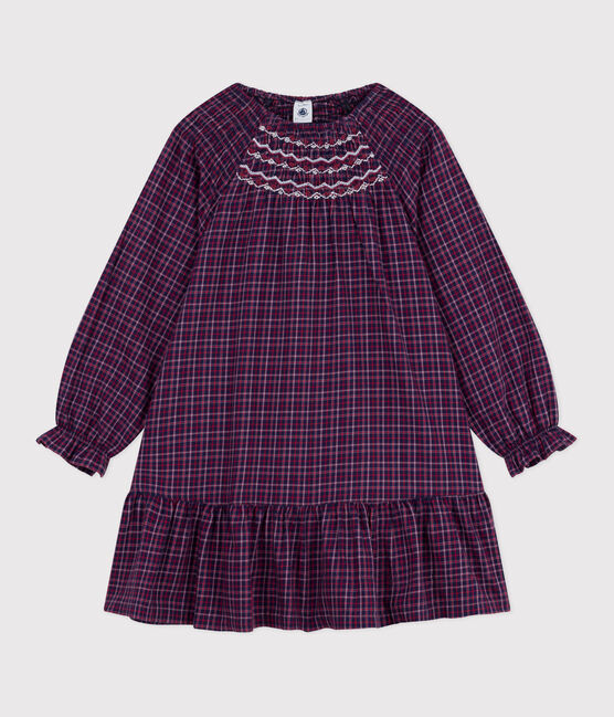 Langärmeliges Kinder-Kleid aus Flanell mit Karomuster blau SMOKING/weiss MULTICO