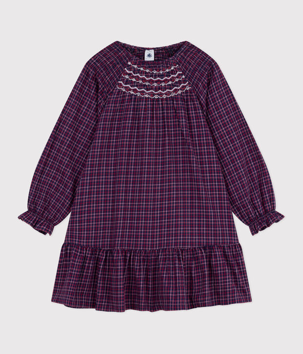 Lang&auml;rmeliges Kinder-Kleid aus Flanell mit Karomuster blau/vielfarbig