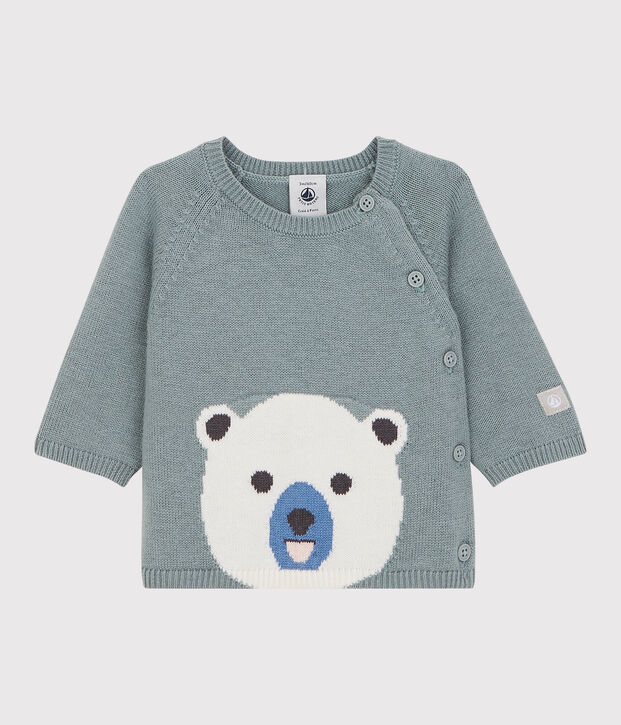 Baby-Cardigan aus Woll-/Baumwollstrick mit B&auml;renmotiv grau