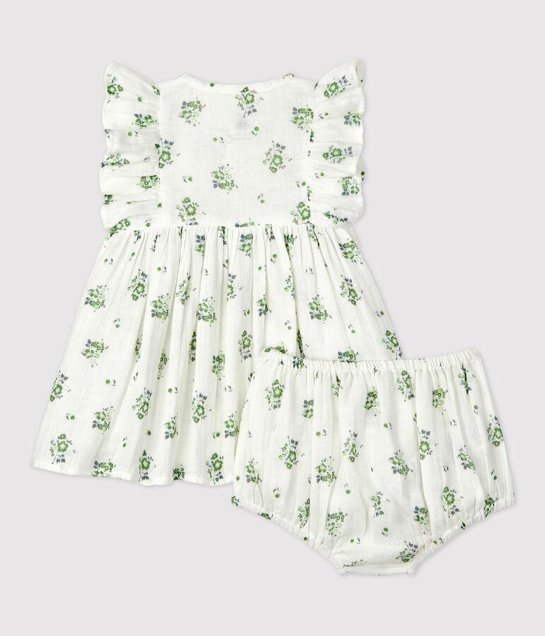Babykleid mit Bloomers aus Bio-Baumwollgaze mit Blumenmuster weiss/vielfarbig