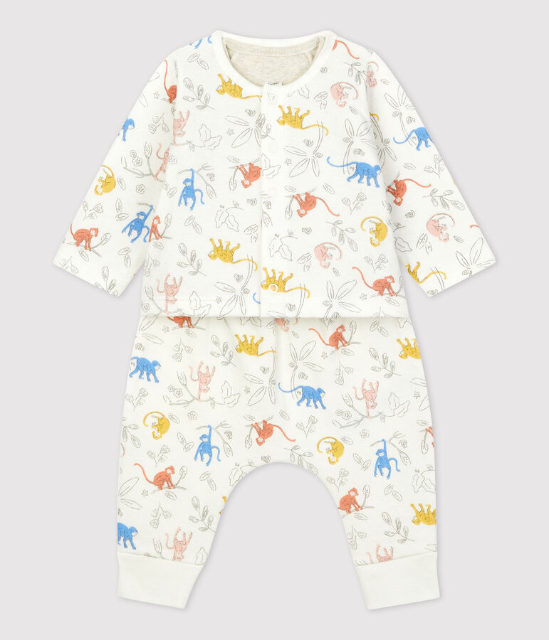 Dreiteiliges Baby-Set aus Bio-Doppeljersey mit Affenprint weiss MARSHMALLOW/weiss MULTICO