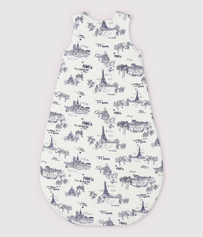 Baby-Schlafsack aus Rippstrick mit Paris-Motiv im Toile-de-Jouy-Stil weiss/blau