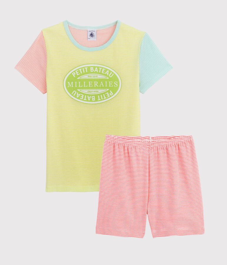 Kinder-Kurzpyjama aus Rippstrick mit bunten Streifen f&uuml;r M&auml;dchen gelb SUNNY/weiss MULTICO