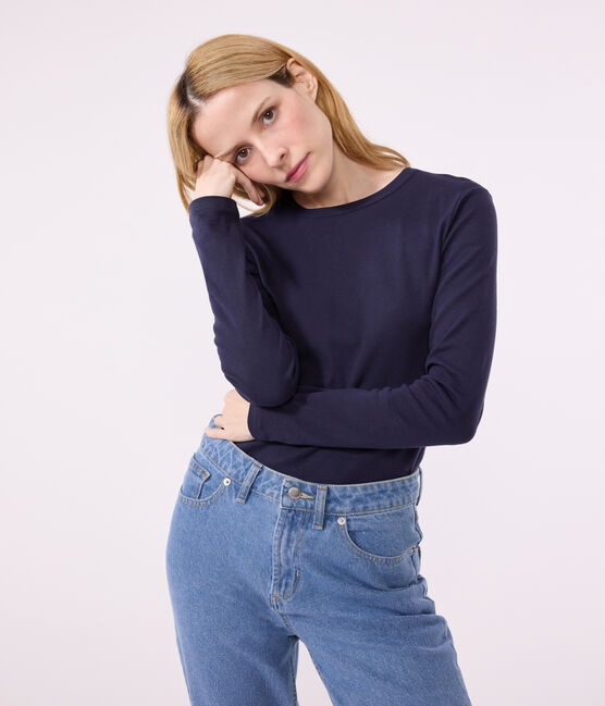 Langärmeliges Damen-T-Shirt L'Iconique aus einfarbigem Rippstrick blau SMOKING